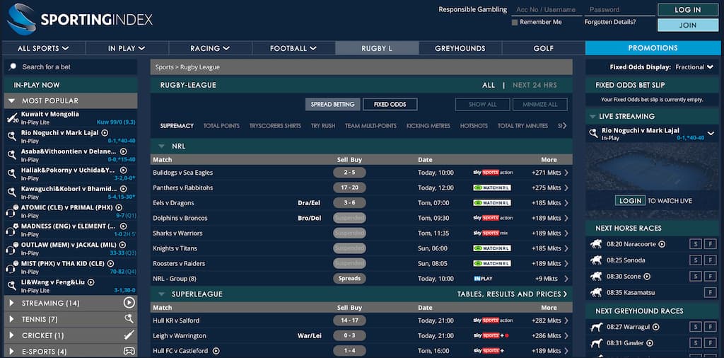 Sporting Index rugby betting page